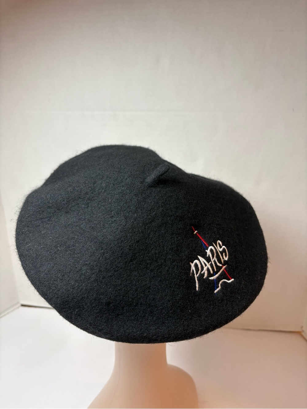 Classic Black French Beret  “Paris”  Eiffel Tower Embroidered Accent Wool Blend